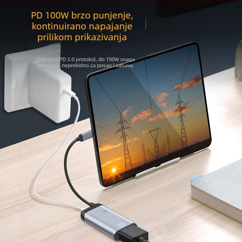Type-C na video pretvarač s RJ45 gigabitnim mrežnim portom, 1 ulaz / 3 izlaza, PD100W brzo punjenje, vanjsko napajanje, USB 2.0 prijenos podataka