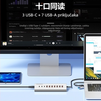 Lanshuo USB 3.2 Type-C 10-portni hub s vanjskim napajanjem, 5 Gbps