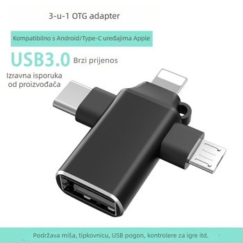 USB-C OTG 3-u-1 hub za tablete — USB 3.0 sučelje, podržava USB flash drive i miš, bez vanjskog napajanja
