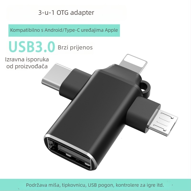 USB-C OTG 3-u-1 hub za tablete — USB 3.0 sučelje, podržava USB flash drive i miš, bez vanjskog napajanja