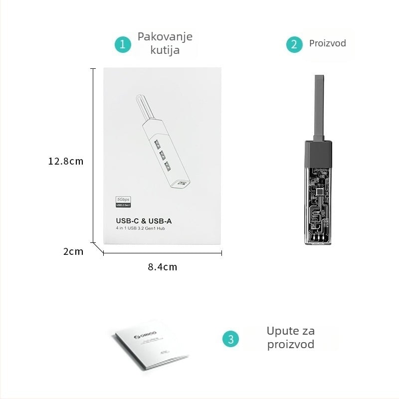 USB-C docking stanica s 4 porta USB 3.0 extender, aluminijsko kućište, ispis logotipa, bez vanjskog napajanja, 5Gbps