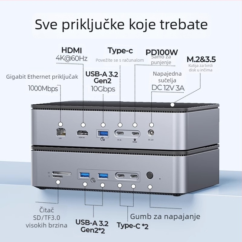 Orico USB 3.2 Gen2 Dock za 3.5/2.5'' i M.2 NVMe/SATA diskove, napajanje preko USB (bez vanjskog napajanja)