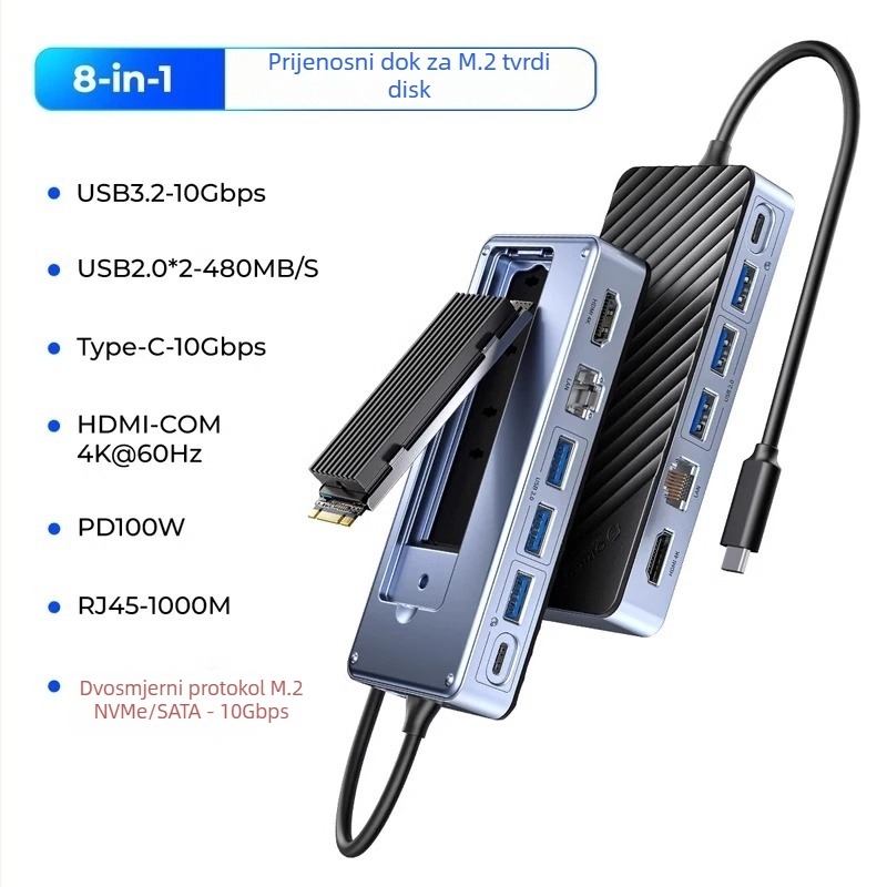 Orico USB 3.2 Gen2 Dock za 3.5/2.5'' i M.2 NVMe/SATA diskove, napajanje preko USB (bez vanjskog napajanja)