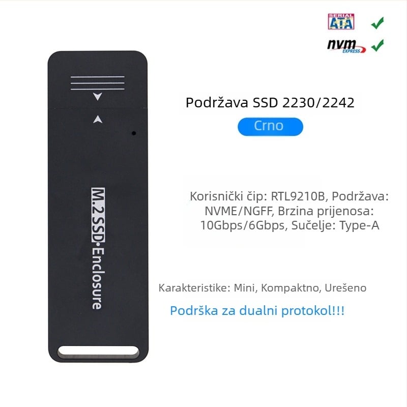 Vanjska kutija NVMe NGFF za USB Type-A, CNC aluminijska legura, USB 3.1, 10 Gbps, model MCA1231