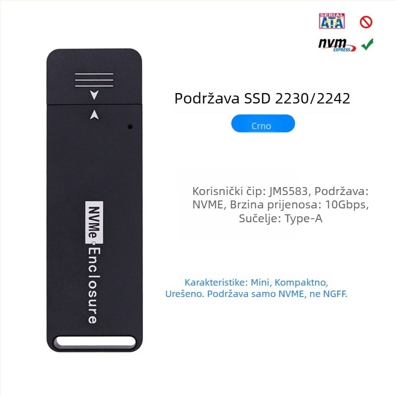 Vanjska kutija NVMe NGFF za USB Type-A, CNC aluminijska legura, USB 3.1, 10 Gbps, model MCA1231