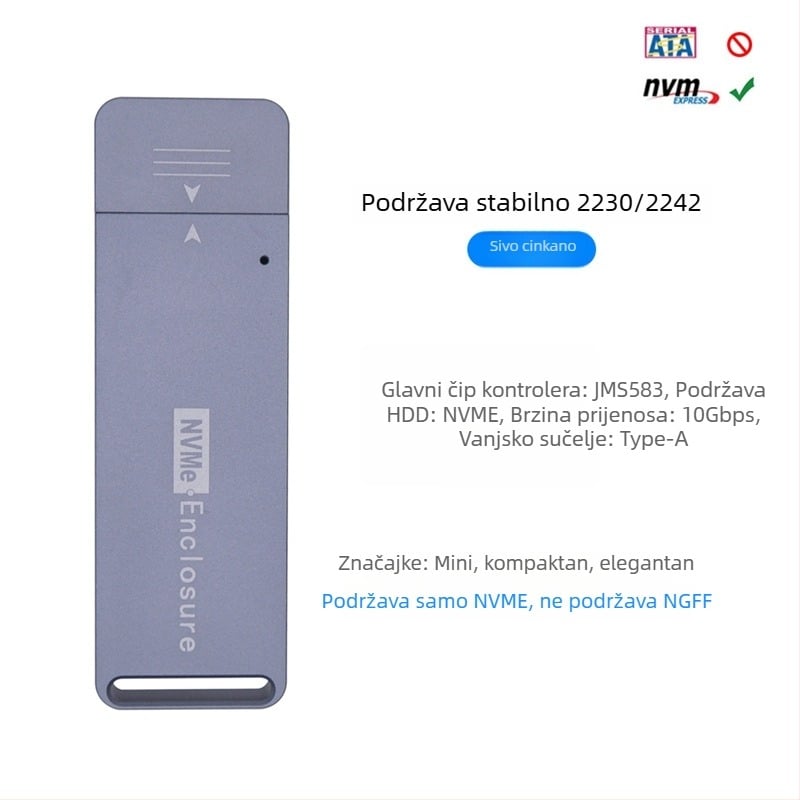 Vanjska kutija NVMe NGFF za USB Type-A, CNC aluminijska legura, USB 3.1, 10 Gbps, model MCA1231