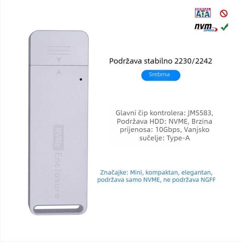Vanjska kutija NVMe NGFF za USB Type-A, CNC aluminijska legura, USB 3.1, 10 Gbps, model MCA1231
