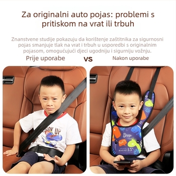 Dječji regulator sigurnosnog pojasa za auto s zaštitom trbuha i ramena, crtani dizajn, kopča na gumbe, prenosno