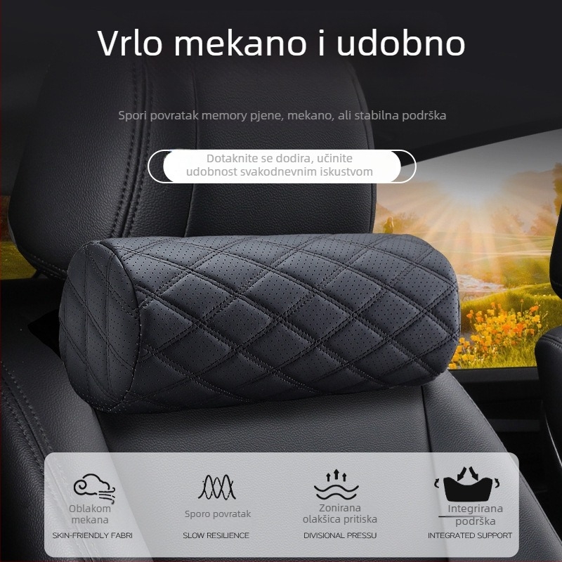 Auto naslonac za glavu s memorijskom pjenom, kožni vanjski dio, dijamantni reljef, universalna kompatibilnost, prozračan za sve sezone