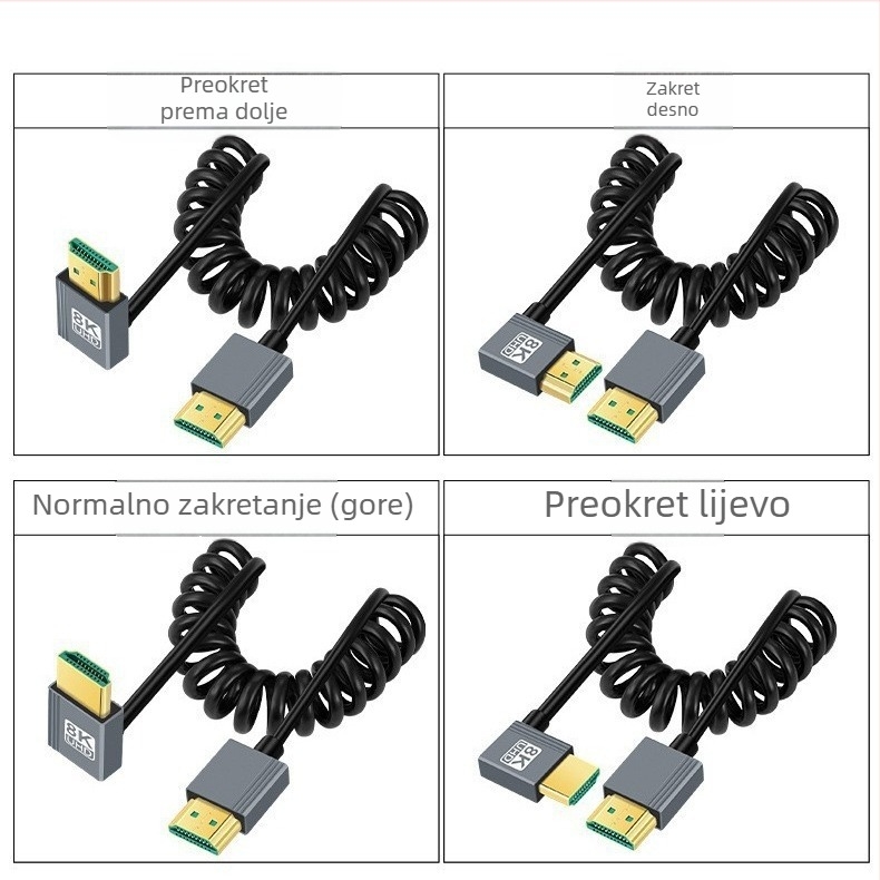HDMI 2.1 kabel sa spiralnim vodom (bakreni vodič, niklani završetak, adapter kabel)