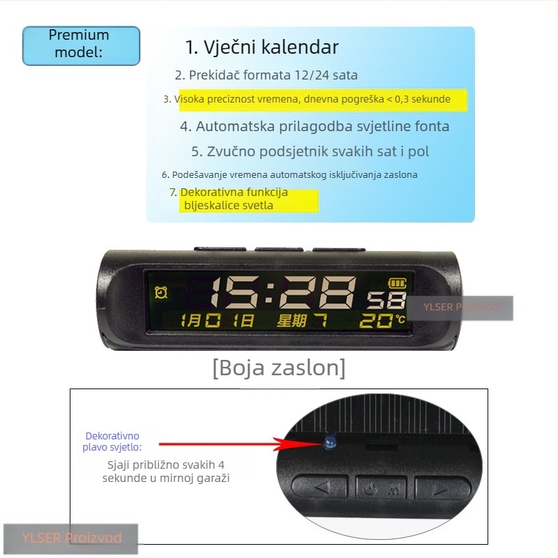 Automobilski sat s termometrom, plastika, aksijalni tip, marka YLSER, podrijetlo Fujian.
