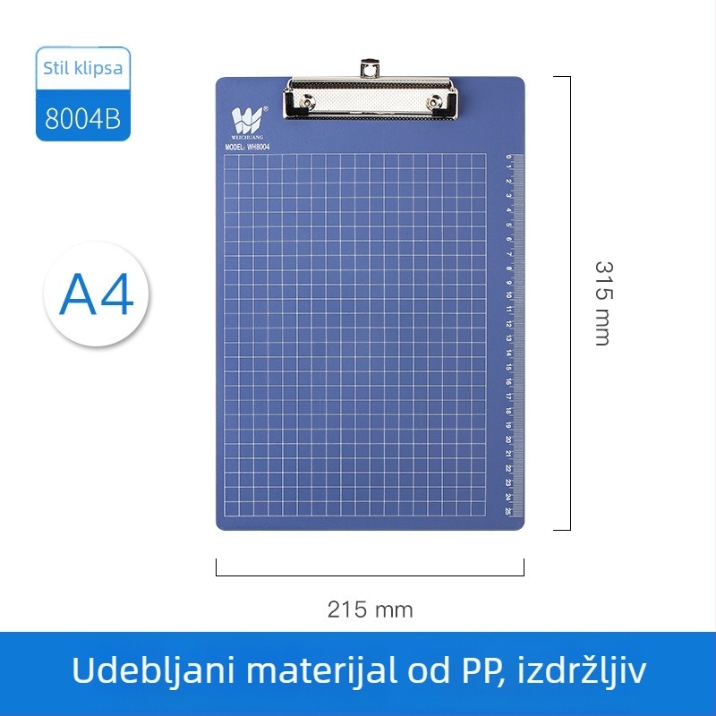 Uredski klip WEICHAUNG, model A4/A5/A6, jednostrani steznik, tiskano logo, kompatibilno s papirom A4/A5/A6