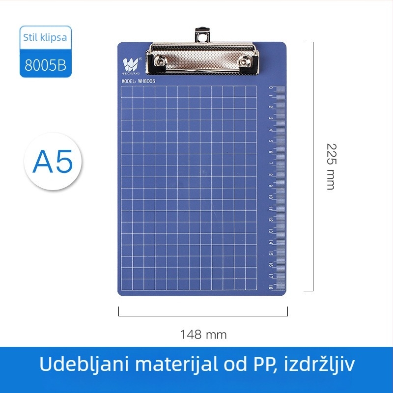 Uredski klip WEICHAUNG, model A4/A5/A6, jednostrani steznik, tiskano logo, kompatibilno s papirom A4/A5/A6