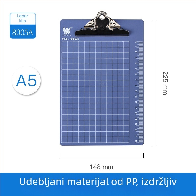 Uredski klip WEICHAUNG, model A4/A5/A6, jednostrani steznik, tiskano logo, kompatibilno s papirom A4/A5/A6