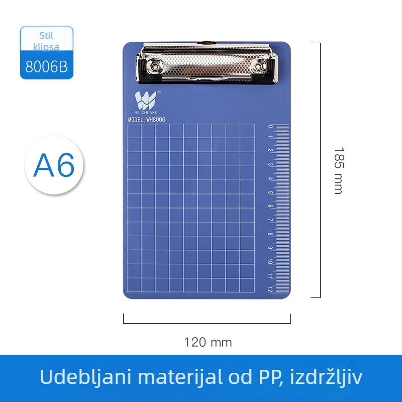 Uredski klip WEICHAUNG, model A4/A5/A6, jednostrani steznik, tiskano logo, kompatibilno s papirom A4/A5/A6