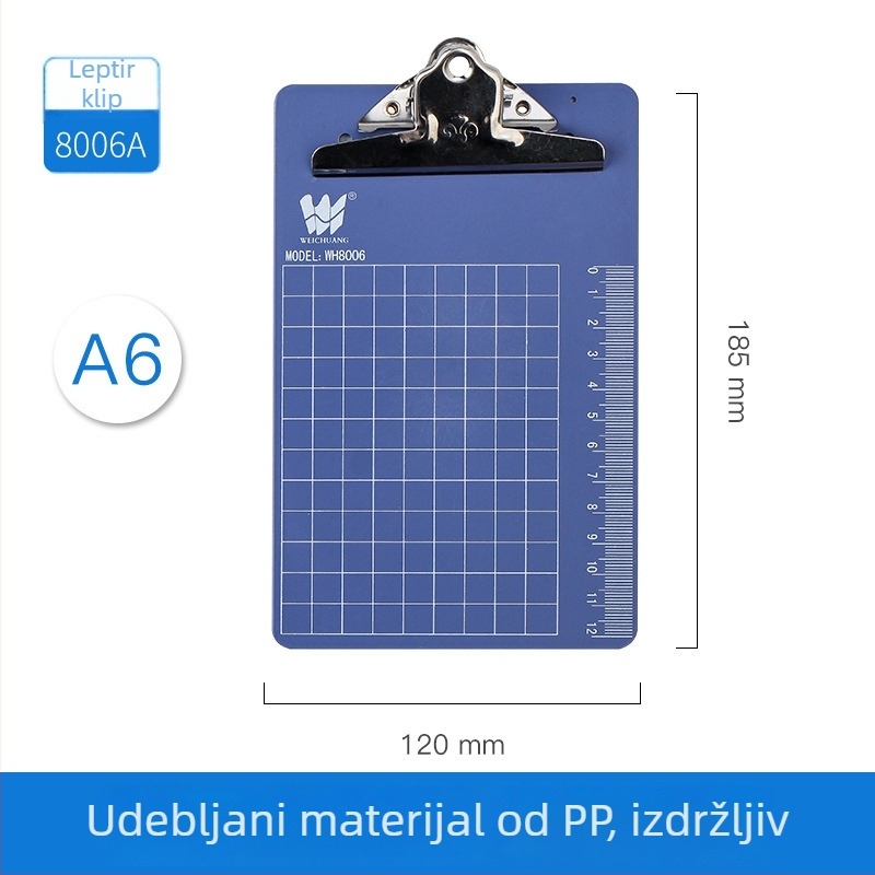 Uredski klip WEICHAUNG, model A4/A5/A6, jednostrani steznik, tiskano logo, kompatibilno s papirom A4/A5/A6