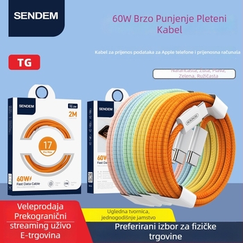 USB-C punjački i podatkovni kabel za Apple, Xiaomi, Oppo, Huawei i Vivo; kompatibilan s iPhone 15/16; duljina 1–2 m; pleteni kabel; 66W brzo punjenje; Vooc protokol