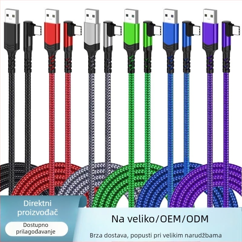 USB-C kabel s pravim kutem, najlonska opletena konstrukcija, brzo punjenje i prijenos podataka, 60W max, jedan priključak