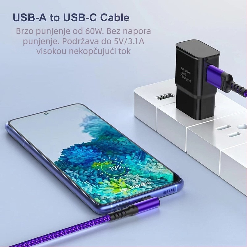 USB-C kabel s pravim kutem, najlonska opletena konstrukcija, brzo punjenje i prijenos podataka, 60W max, jedan priključak