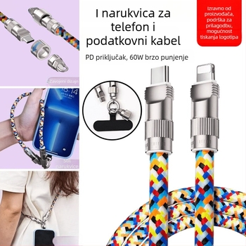 Kabel za podatke s lanyardom za telefon, Type-C i Lightning priključci, pleteni kabel od cinkove legure, brzo punjenje do 100W