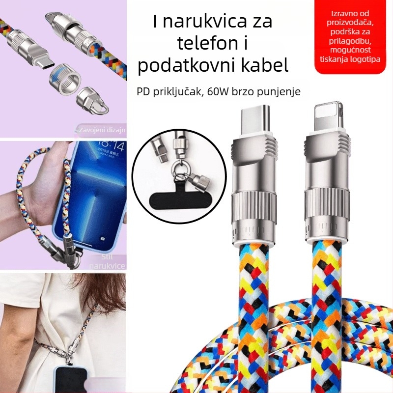 Kabel za podatke s lanyardom za telefon, Type-C i Lightning priključci, pleteni kabel od cinkove legure, brzo punjenje do 100W