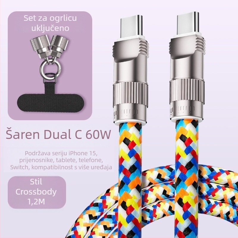 Kabel za podatke s lanyardom za telefon, Type-C i Lightning priključci, pleteni kabel od cinkove legure, brzo punjenje do 100W
