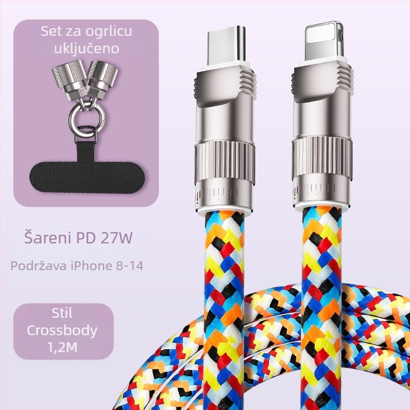 Kabel za podatke s lanyardom za telefon, Type-C i Lightning priključci, pleteni kabel od cinkove legure, brzo punjenje do 100W