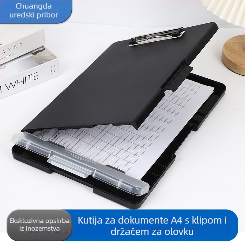 Plastična kutija za dokumente A4 s klipom i pretincom za olovku – stolni organizator, debljina ploče 2,5 cm