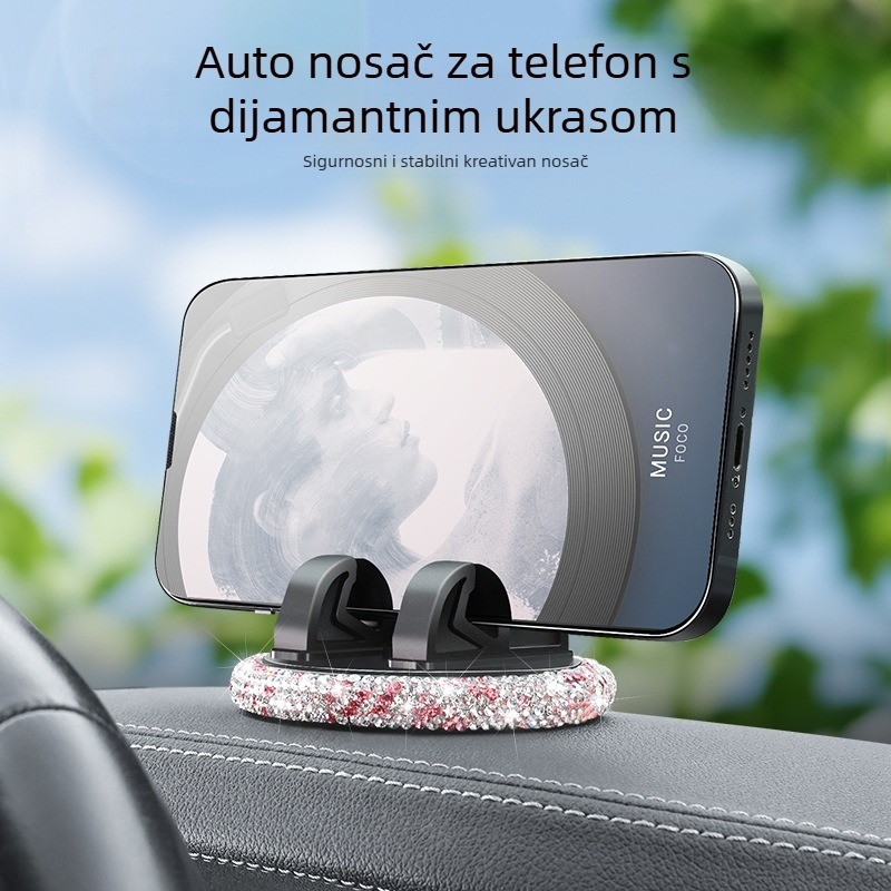 Držač za telefon u automobilu s dijamantnim ukrasom na ploči s podrškom horizontalnog i vertikalnog zaslona — ljepilo montaža, opća kompatibilnost, 7,5W