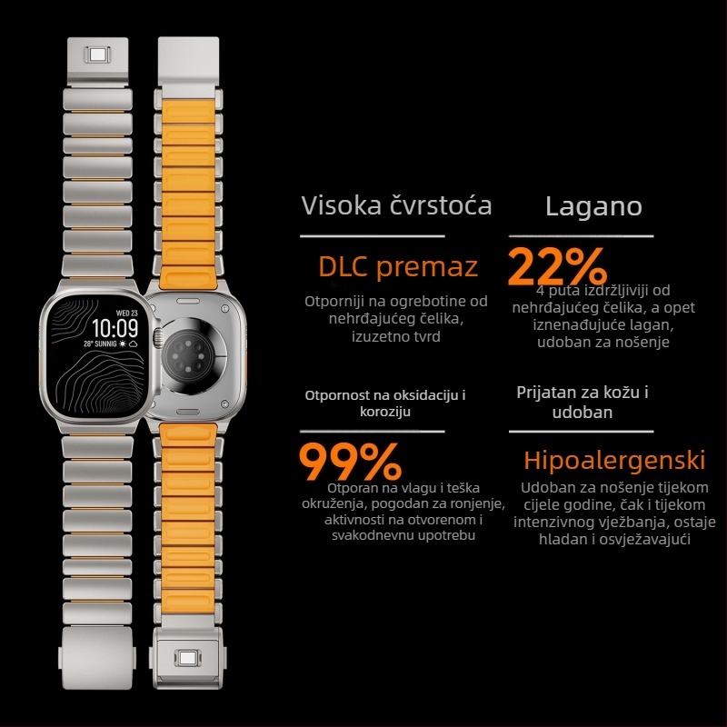Nerđajući čelični remen za Apple Watch S11 s titanijskim zrnom i silikonskom magnetskom kopčom