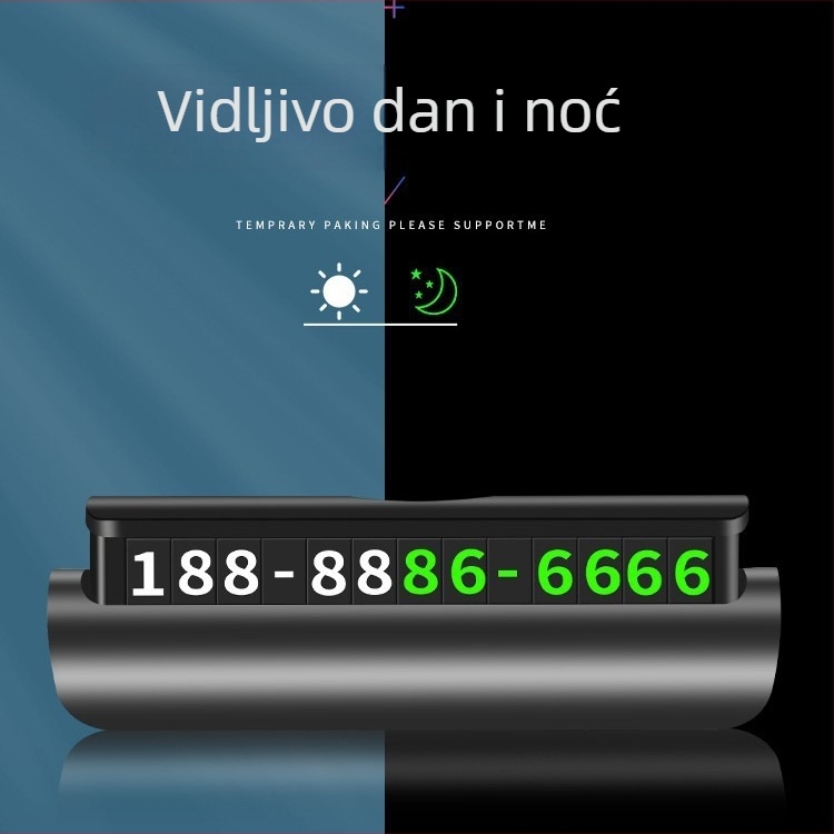 Skrivena svjetleća privremena pločica za parkiranje s brojem telefona, model S-1800, plastika, tiskanje logotipa, prilagodljivo