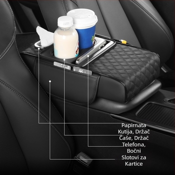 Sve-u-Jednom organizator za auto s kožnim naslonom za ruku, držačem za čaše i kutijom za maramice, Model 086, Universalna kompatibilnost, Težina 400