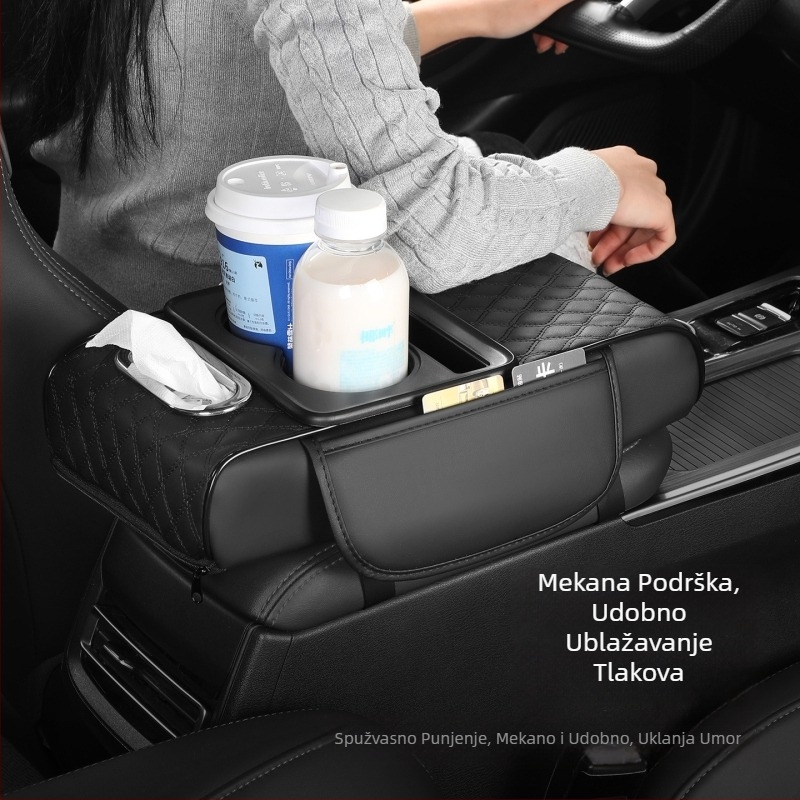 Sve-u-Jednom organizator za auto s kožnim naslonom za ruku, držačem za čaše i kutijom za maramice, Model 086, Universalna kompatibilnost, Težina 400