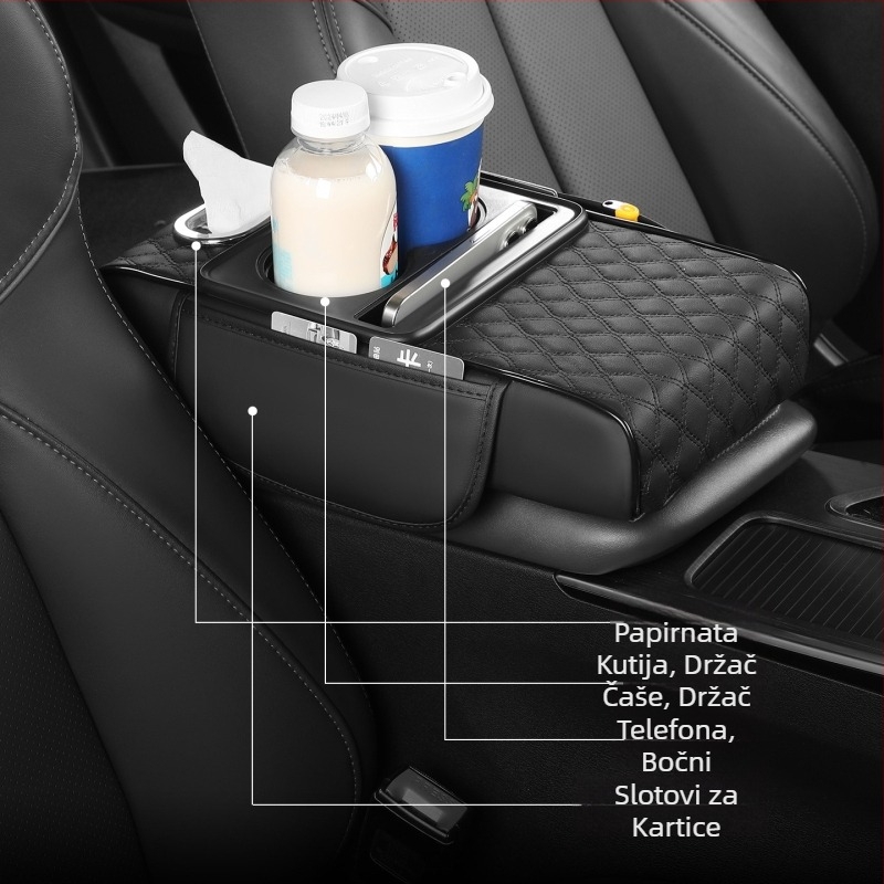 Sve-u-Jednom organizator za auto s kožnim naslonom za ruku, držačem za čaše i kutijom za maramice, Model 086, Universalna kompatibilnost, Težina 400