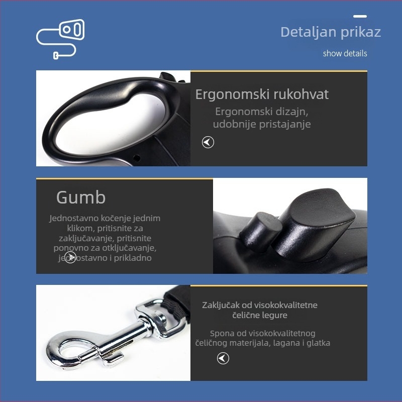 Automatski produžni povodac za kućne ljubimce, ABS materijal, pogodan za mačke i pse, podesiv mehanizam