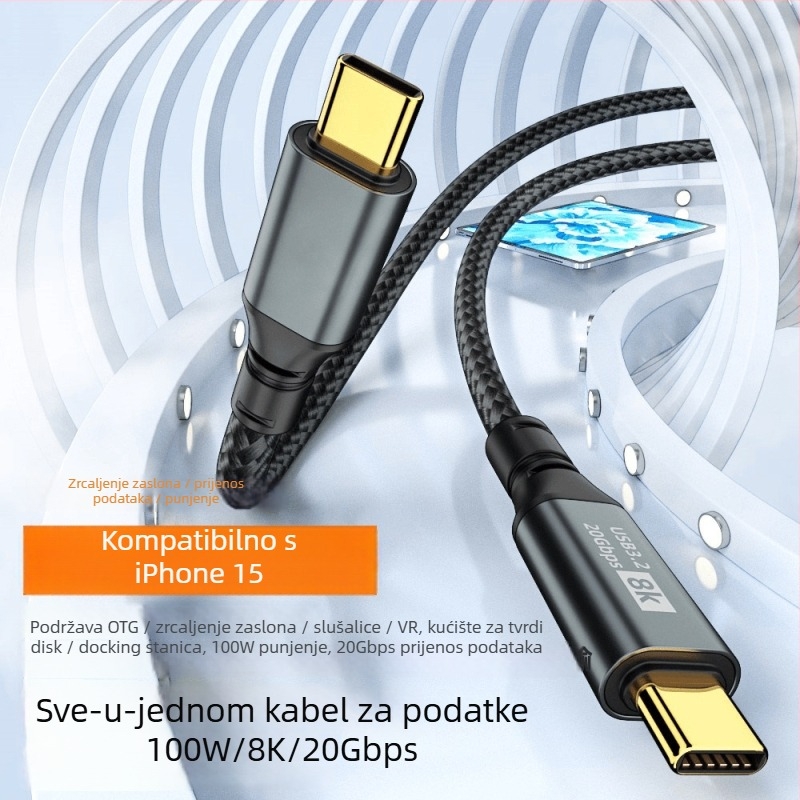 USB Type-C kabel za prijenos podataka i punjenje, pleteni, 100W brzo punjenje, jednostrani konektor