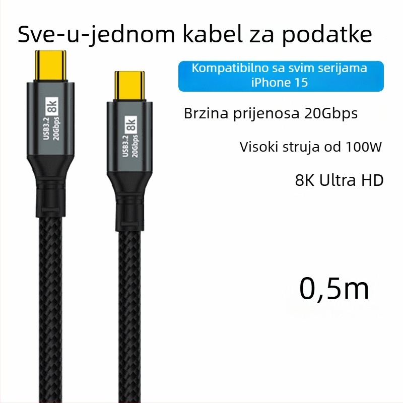 USB Type-C kabel za prijenos podataka i punjenje, pleteni, 100W brzo punjenje, jednostrani konektor