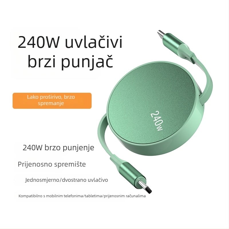 USB-C PD podatkovni kabel s povlačnim mehanizmom, duljine 1–2 m, kućište od aluminijske legure, za prijenosna računala, pametne telefone i tablete