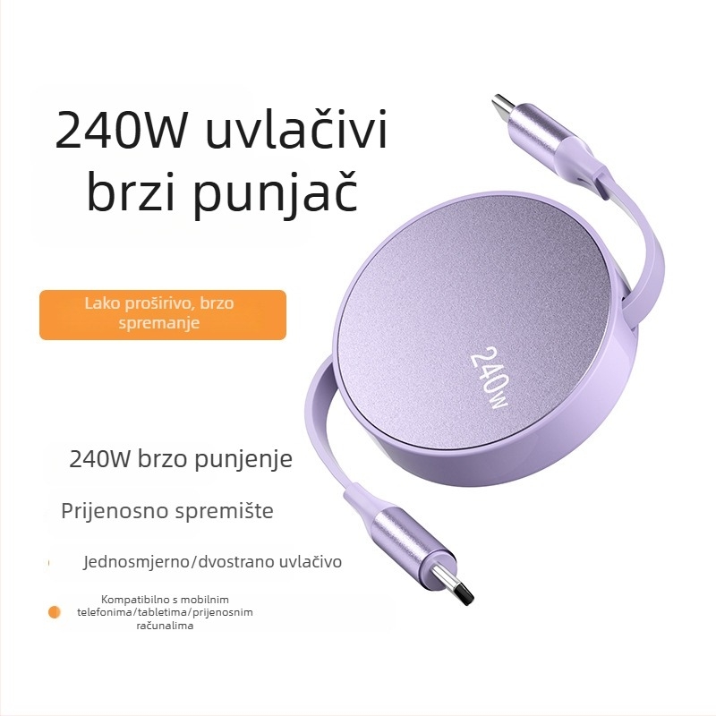 USB-C PD podatkovni kabel s povlačnim mehanizmom, duljine 1–2 m, kućište od aluminijske legure, za prijenosna računala, pametne telefone i tablete