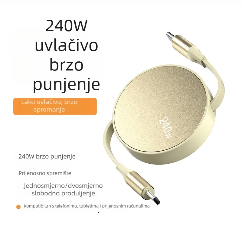 USB-C PD podatkovni kabel s povlačnim mehanizmom, duljine 1–2 m, kućište od aluminijske legure, za prijenosna računala, pametne telefone i tablete