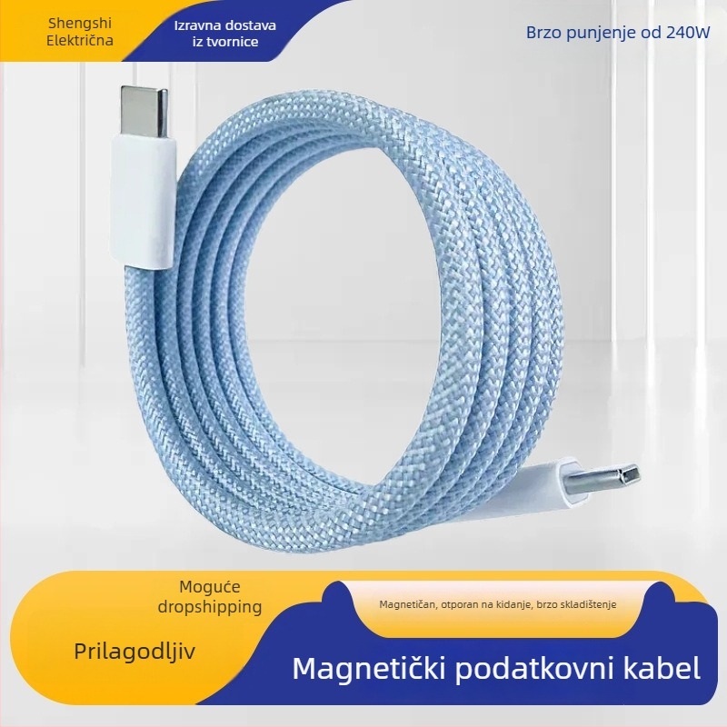 Dvostrani Type-C magnetski kabel za napajanje i prijenos podataka za tablete, 100W, duljina 1–2 m, pleteni