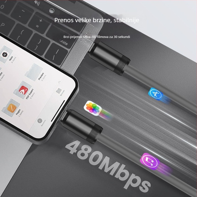 USB-C kabel za brzo punjenje i prijenos podataka, silikon, PD kompatibilan, 480Mbps, 240W