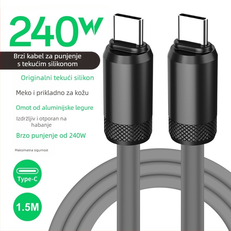 USB-C kabel za brzo punjenje i prijenos podataka, silikon, PD kompatibilan, 480Mbps, 240W