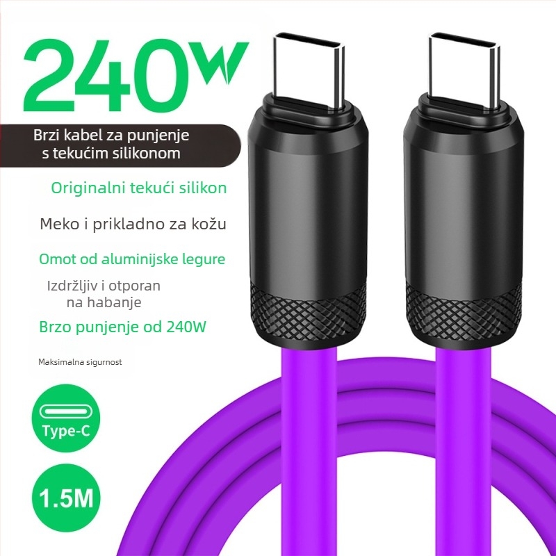 USB-C kabel za brzo punjenje i prijenos podataka, silikon, PD kompatibilan, 480Mbps, 240W