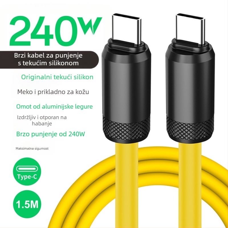 USB-C kabel za brzo punjenje i prijenos podataka, silikon, PD kompatibilan, 480Mbps, 240W