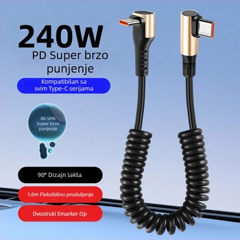 240W dvostruki Type-C kabel za podatke s oprugom, brzo punjenje, univerzalno za telefone, tablete i dronove