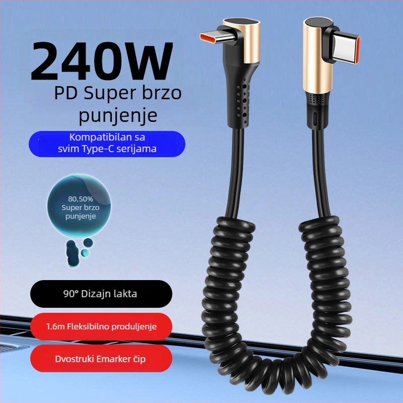 240W dvostruki Type-C kabel za podatke s oprugom, brzo punjenje, univerzalno za telefone, tablete i dronove