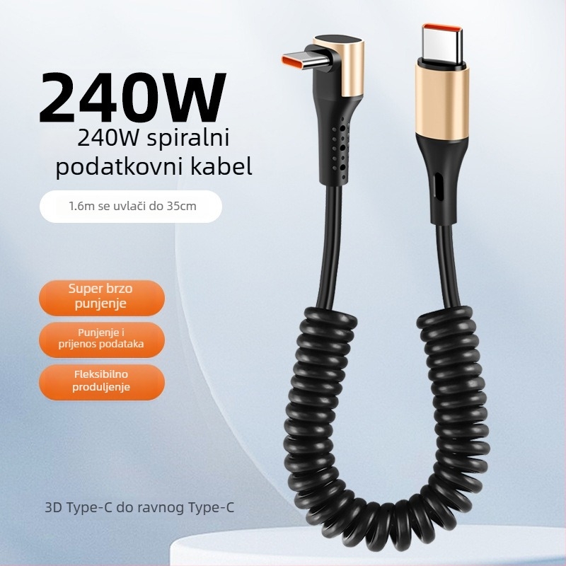 240W dvostruki Type-C kabel za podatke s oprugom, brzo punjenje, univerzalno za telefone, tablete i dronove