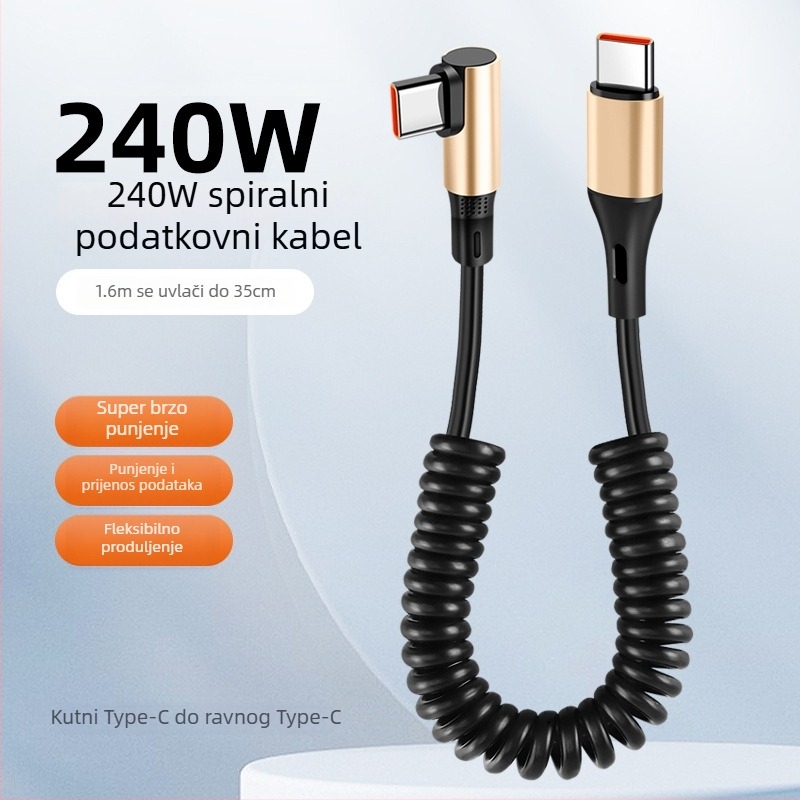 240W dvostruki Type-C kabel za podatke s oprugom, brzo punjenje, univerzalno za telefone, tablete i dronove
