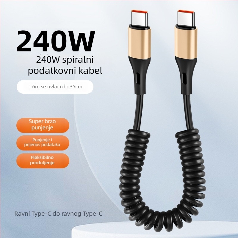 240W dvostruki Type-C kabel za podatke s oprugom, brzo punjenje, univerzalno za telefone, tablete i dronove